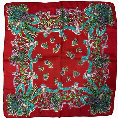 1950s Silk Scarf Cherubs Flowers vintage Red/Purple/Blue Scarf 22" Square - Image 1 of 4