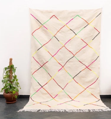 Alfombra blanca hecha a mano marroquí 4x7 Kilim sala de estar alfombra bereber de lana Foto 1 de 4