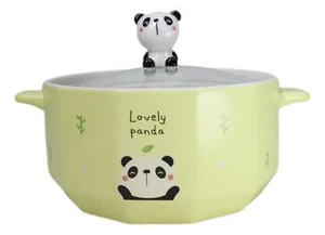 Ceramic Yellow Lovely Panda 30oz Noodle Dessert Food Bowl W/ Glass Lid - Picture 1 of 9