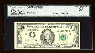 DBR 1988 $100 FRN New York Fr. 2172-B Legacy 55 Serial B33181767B - Image 1 of 2