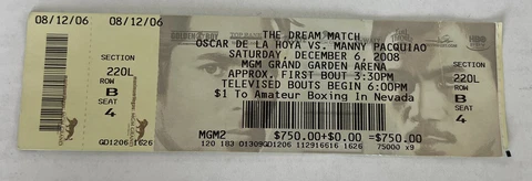 2008 Manny Pacquiao Vs Oscar De La Hoya Full Ticket MGM The Dream Fight  12/6/08 Cover
