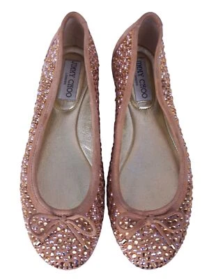 JIMMY CHOO 37 Weber Dusty Pink Crystal Embellished Ballet Flats 6.5 WORN 1X - Image 1 of 4
