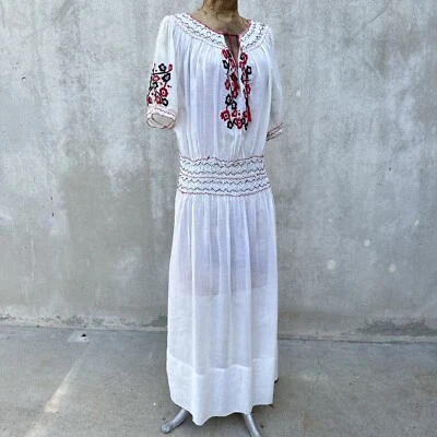 Vintage 1930s Hungarian Peasant Dress Black & Red Hand Embroidery Cotton Smockin - Image 1 of 4