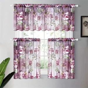 1/2pcs Floral Sheer Curtains for Kitchen Cafe Tulle Rod Pocket Top Voile Panels - Picture 1 of 24
