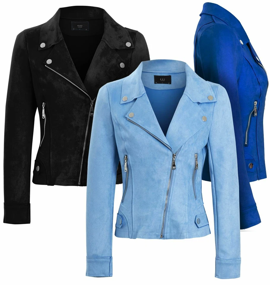 Womens Faux Suede Biker Jacket Pale Blue Cobalt Black Coat Size 8 10 14 16 New - Image 1 of 1