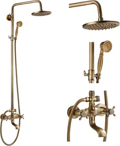 Antique Brass Exposed Shower System Bathroom 8"Rain Shower Faucet Set Tub Filler - Picture 1 of 11