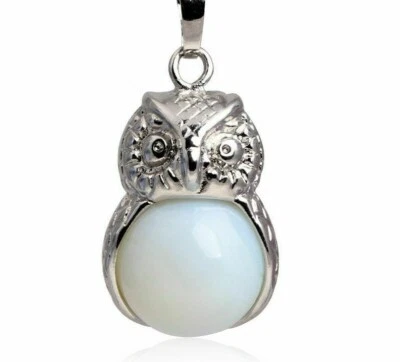 Collana ciondolo gufo vera pietra di luna naturale GARANZIA argento 925 NUOVA - Immagine 1 di 4