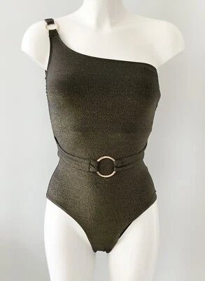 F&F Black Metallic Gold Glittery Belt Trim One Shoulder Swimsuit UK 10 - Image 1 of 3