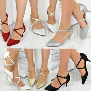 Womens Ladies Low Kitten Heel Party Prom Strappy Court Shoes Bridal Sandals Size