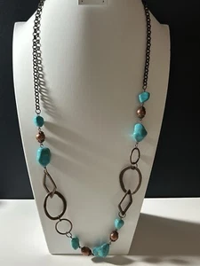 Boho Chic Beaded Long Copper Color Necklace Faux Turquoise Beads Circle Design - Picture 1 of 9