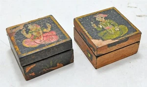 Vintage Set of 2 Wooden Small Boxes Original Old Hand Crafted Painted - Picture 1 of 9