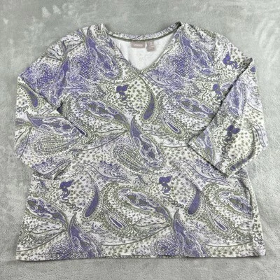 Chicos Top Womens 3 White Purple Paisley V Neck 3/4 Sleeve Casual Workwear Boho - Image 1 of 4