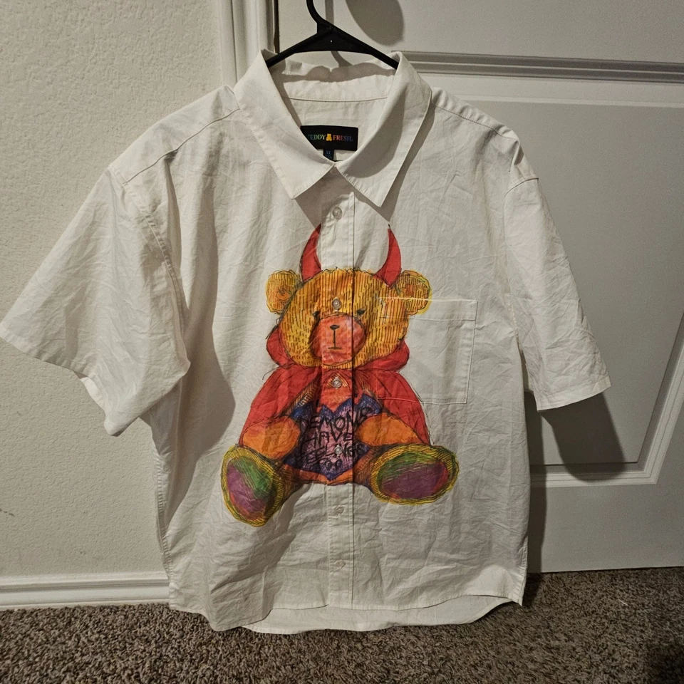 Teddy Fresh Mens White Short Sleeve Button Up Shirt Devil Bear Graphic XL - Image 1 of 4