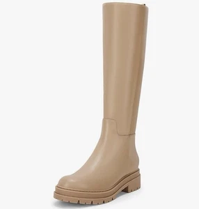 Knee High Platform Boots Chunky Block Heel Side Zipper Riding US 7 Beige - Picture 1 of 10