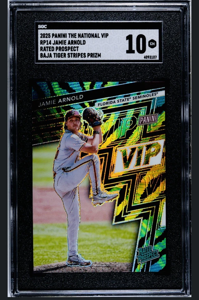 JAMIE ARNOLD 2025 PANINI THE NATIONAL VIP BAJA TIGER Stripe Prizm SGC 10! - Image 1 of 2
