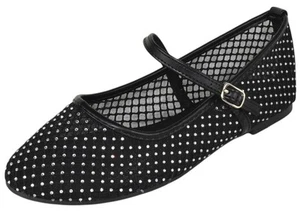 Top Moda donna ballerine a rete con strass scintillanti Mary Jane cinturino alla caviglia ROSARIO nero - Foto 1 di 4