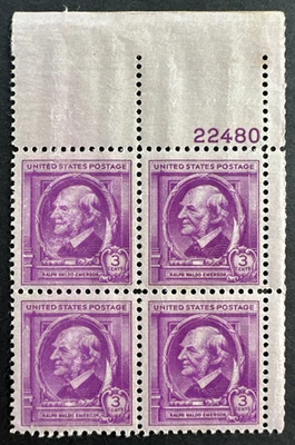 US 1940 Sc# 861 Plate Block of 4 MNH OG  3 Cent Famous Author Ralph W. Emerson - Image 1 of 2