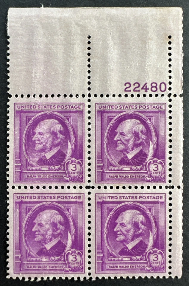 US 1940 Sc# 861 Plate Block of 4 MNH OG  3 Cent Famous Author Ralph W. Emerson - Image 1 of 2