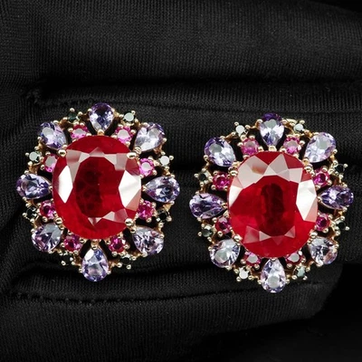 Orecchini floreali fatti a mano in argento sterling 925 con rubino sangue... - Immagine 1 di 4