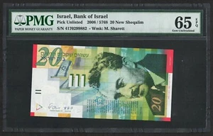 Israel 20 Nuevo Billete Sheqalim Shekel Moshe Sharet 2008 UNC PMG 65 EPQ - Imagen 1 de 2