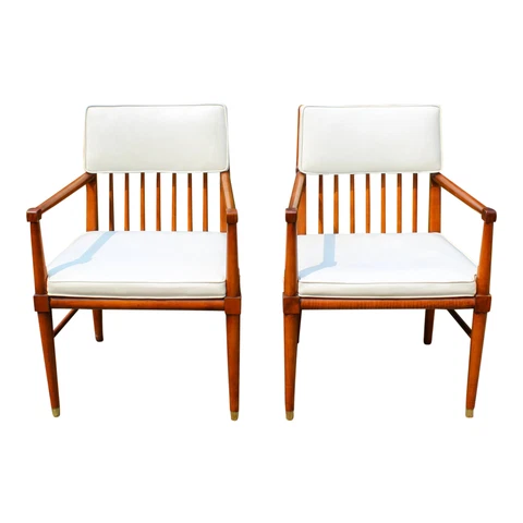 Danish Modern Spindle Back Arm Chairs White Leather Cherry Brass Feet - A Pair Cover
