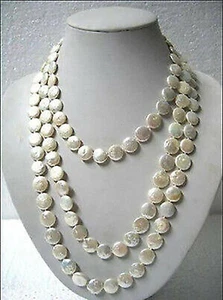 Genuine Beautiful Natural 11-12mm White Coin Freshwater Pearl Long Necklace 48" - Picture 1 of 3
