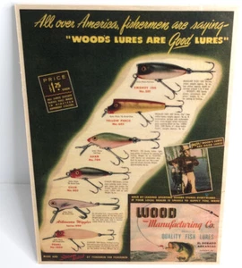 Woods Manufacturing Co. Fishing Lure Chart On Wood Old Lure Print Ad Man Cave  - Picture 1 of 2