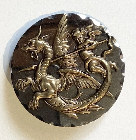ANTIQUE STEEL PLATE BUTTON WITH BRASS CUPID & DRAGON ESCUTCHEON Cover