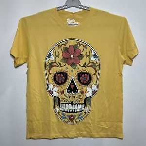 Women's Día de Muertos Sugar Skull Short Sleeve Graphic T-Shirt - Yellow 1X - Picture 1 of 2