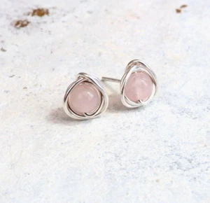 Rose Quartz Stud Earrings Handmade Sterling Silver Pink Earrings Gift Wrapped - Picture 1 of 6