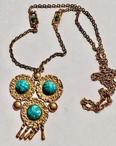 Florenza signed mid century pendant Necklace boho style gold tone 21" long - Picture 1 of 11