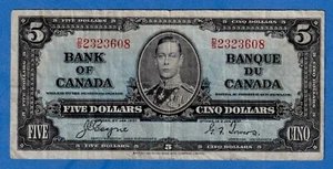 CANADA $5 1937 BC-23c / P-60c King George VI Circulated Note D/S 2323608 - Picture 1 of 2