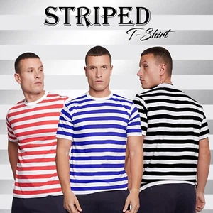 Mens Crew Neck Striped T-Shirt Cotton Short Sleeve Stripes Casual Summer Top - Picture 1 of 16