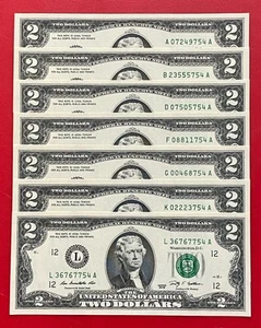 2009 Set $2 DOLLAR BILL (7 District) Matching Last 3 Digits 754 - Uncirculated - Picture 1 of 5