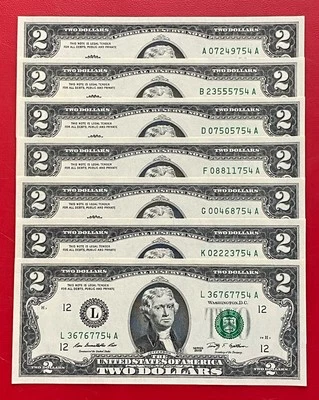 2009 Set $2 DOLLAR BILL  (7 District) Matching Last 3 Digits 754 - Uncirculated - Image 1 of 4