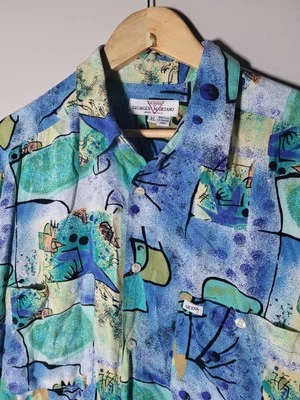 Vintage GUESS XL Crazy Print Mysterious Green Blue Button Up Shirt Rayon - Image 1 of 4