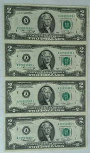 1976 UNCUT SHEET OF 4 $2 TWO DOLLAR STAR  NOTES Boston A00893885* - Picture 1 of 3