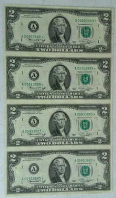 1976 UNCUT SHEET OF 4 $2 TWO DOLLAR STAR  NOTES Boston A00893885* - Image 1 of 3