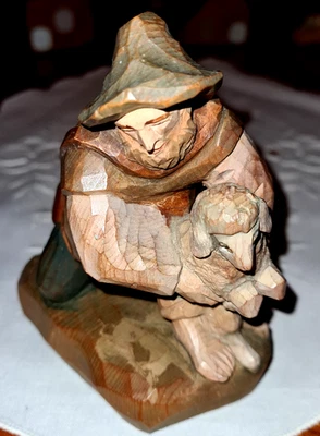 alte Oberammergau Krippenfigur Holz geschnitzt Bergmann kniender Hirte mit Lamm - Bild 1 von 3