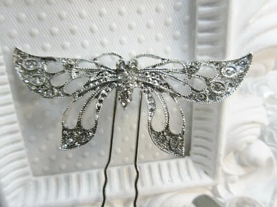 Impresionante Mariposa Ornamentada Tono Plata Cristal Austríaco Tenedor Palo Pin Peine Foto 1 de 4