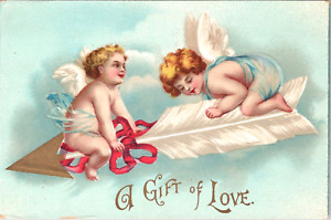 Postcard Valentine A Gift of Love Angels, Cupids on Arrow Unused Int. Art German