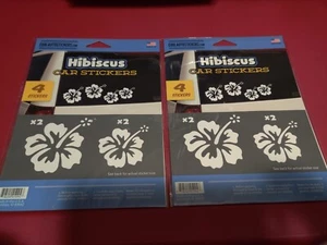 HIBISCUS CAR STICKERS WHITE 2 SIZES-4 PER SHEET (LOT OF 2 PACKS) 8 TOTAL - Picture 1 of 6