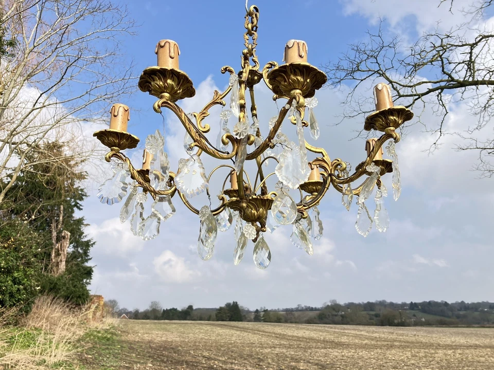 Antique French Decorative Brass And Crystal Chandelier - Image 1 of 4