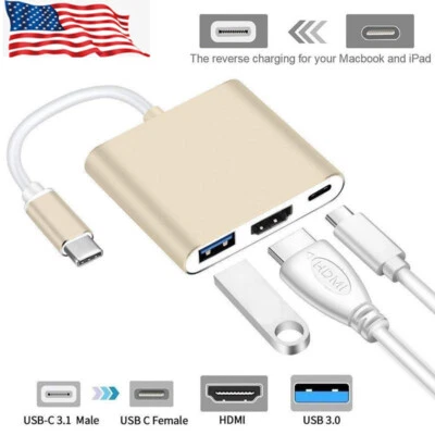 Gold Type C USB 3.1 USB-C 4K HDMI USB 3.0 Adapter Cable 3 in 1 Hub For Macbook - Image 1 of 4