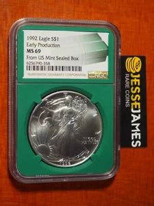 1992 SILVER EAGLE NGC MS69 EARLY PRODUCTION FROM US MINT SEALED BOX GREEN CORE - Picture 1 of 2