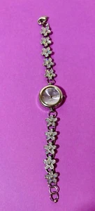Quartz Watch Women VTG Japan Movt Silver Tone Lavender Rhinestone Floral AS IS - Picture 1 of 11