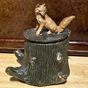 Antique 1800’s Hinged Lidded Metal Fox On A Tree Stump Inkwell German - Picture 1 of 23