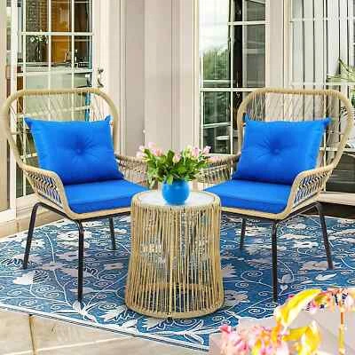 Patio Chair & Table Set Wicker Rattan 3Pcs Outdoor Furniture Bistro Set, Blue - Image 1 of 4