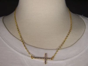 Gold tone clear crystal sideways horizontal Cross necklace pendant 17" long - Picture 1 of 5