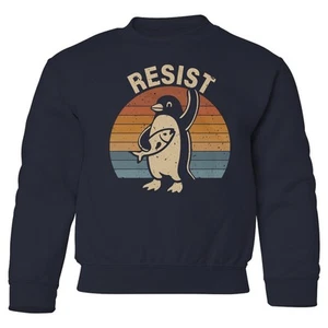 Resist Penguin Protest - Retro Anti-Tariff Funny Youth Crewneck Sweatshirt - Picture 1 of 7